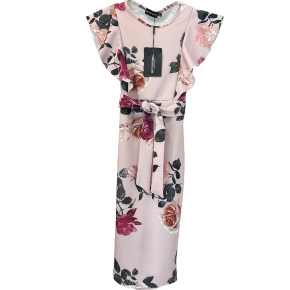 Floral Print Ruffle Detail Midi Dress Romantic Flowers Dusty Rose Pink Size 4 - Picture 7 of 16